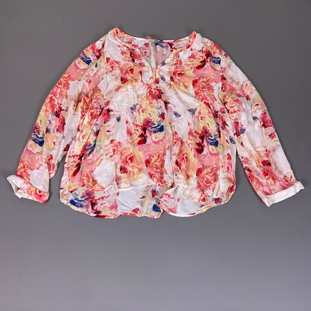 Rose & Thyme Blouse Top Women's Plus 2X Pink Floral Rayon V-Neck Long Sleeve